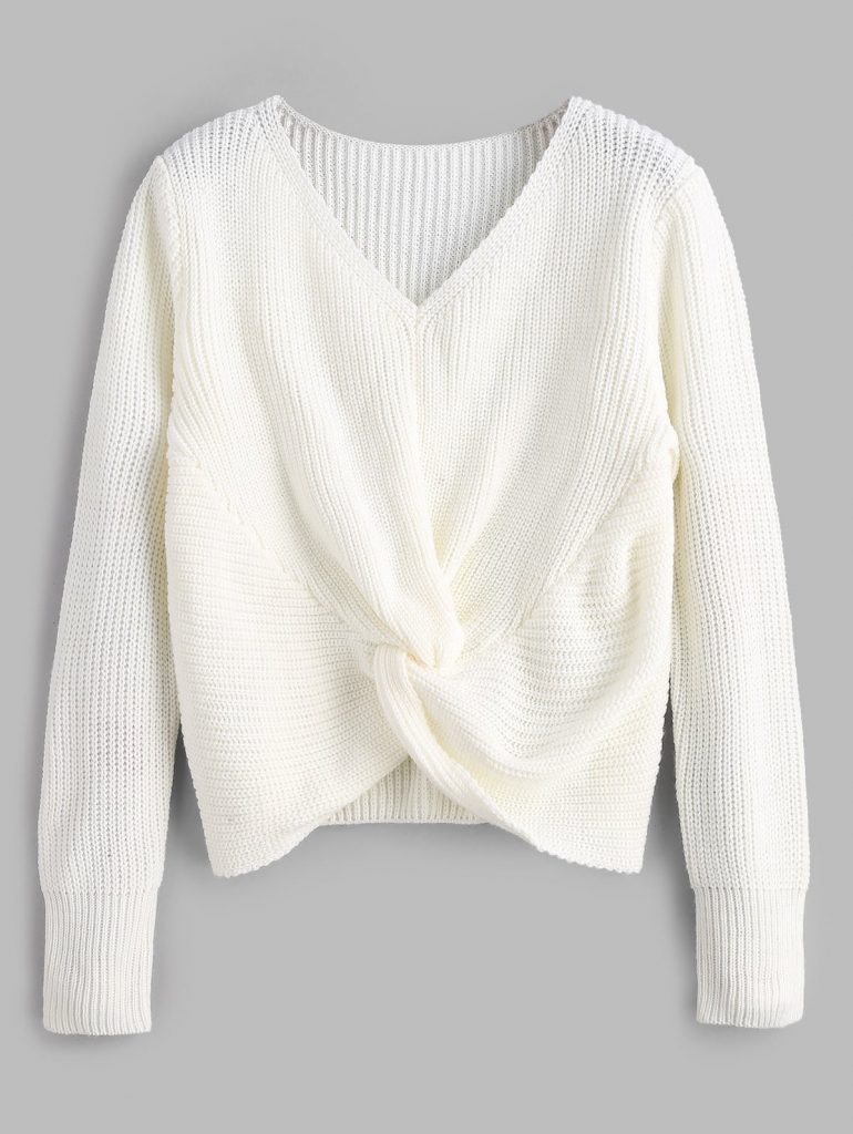 V Neck Twist Front Pullover Sweater - White