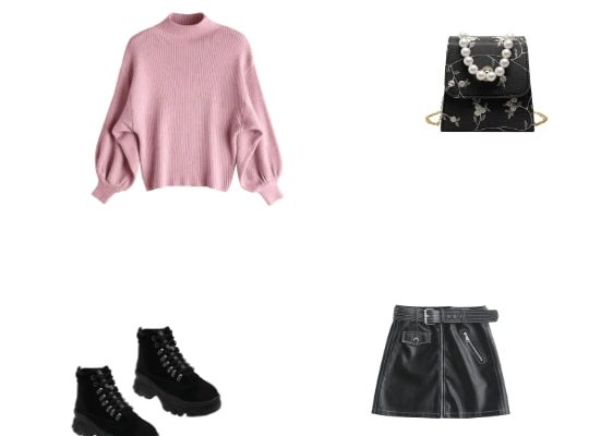 Winter 2019 Wonderful Outfit  Comfy Look for College with Pink Sweater Black Mini Skirt and Black Chunky Heel Short Boots