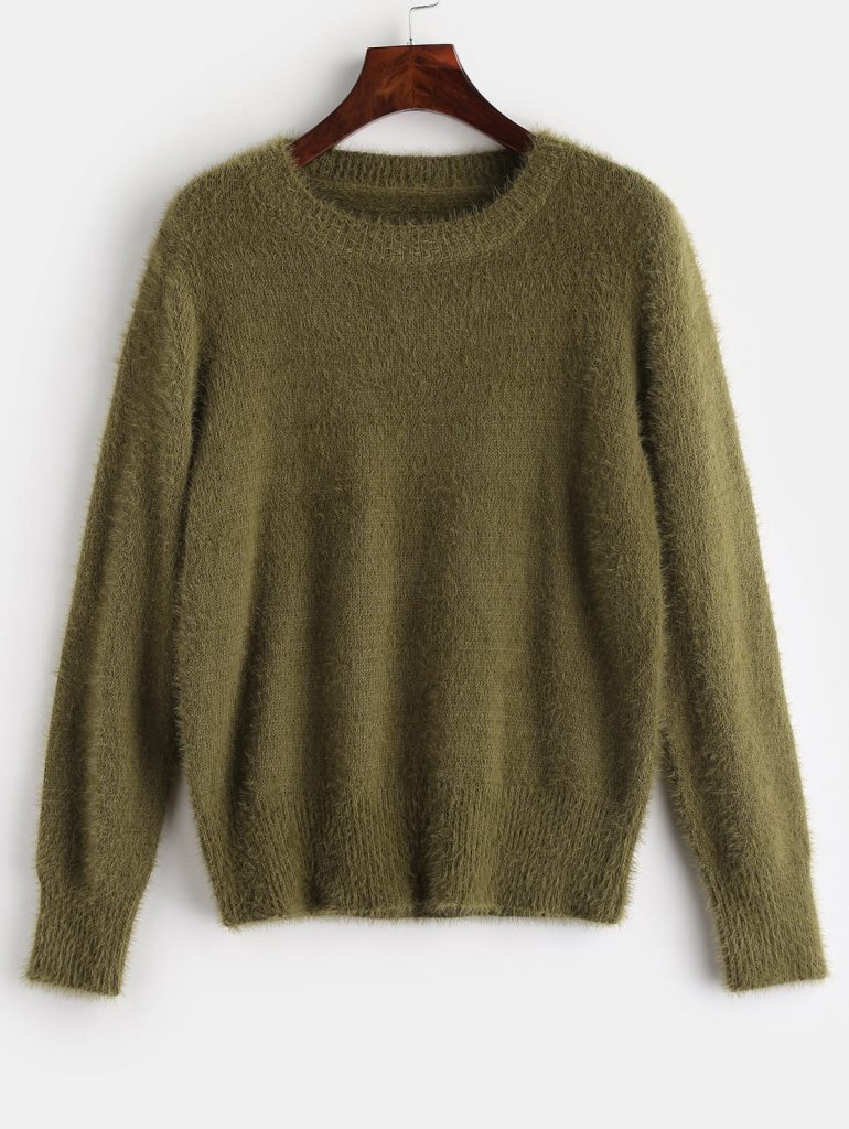 ZAFUL Fuzzy Textured Plain Sweater - Avocado Green