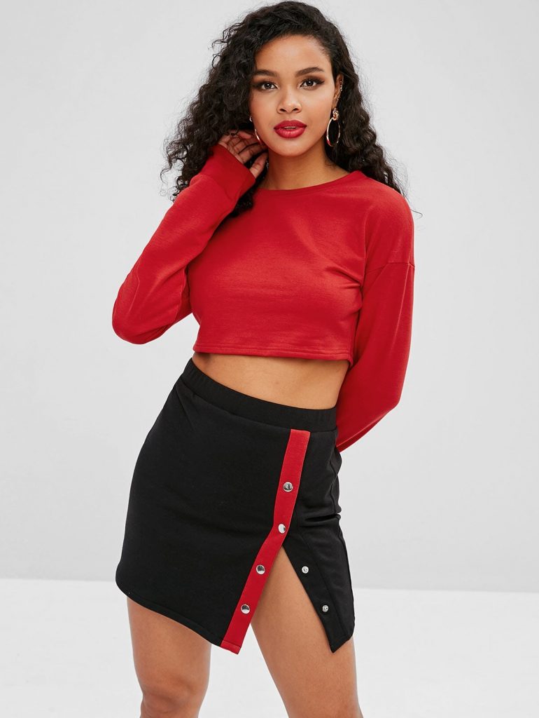 ZAFUL Plain Sweatshirt And Snap Button Skirt Set - Lava Red M
