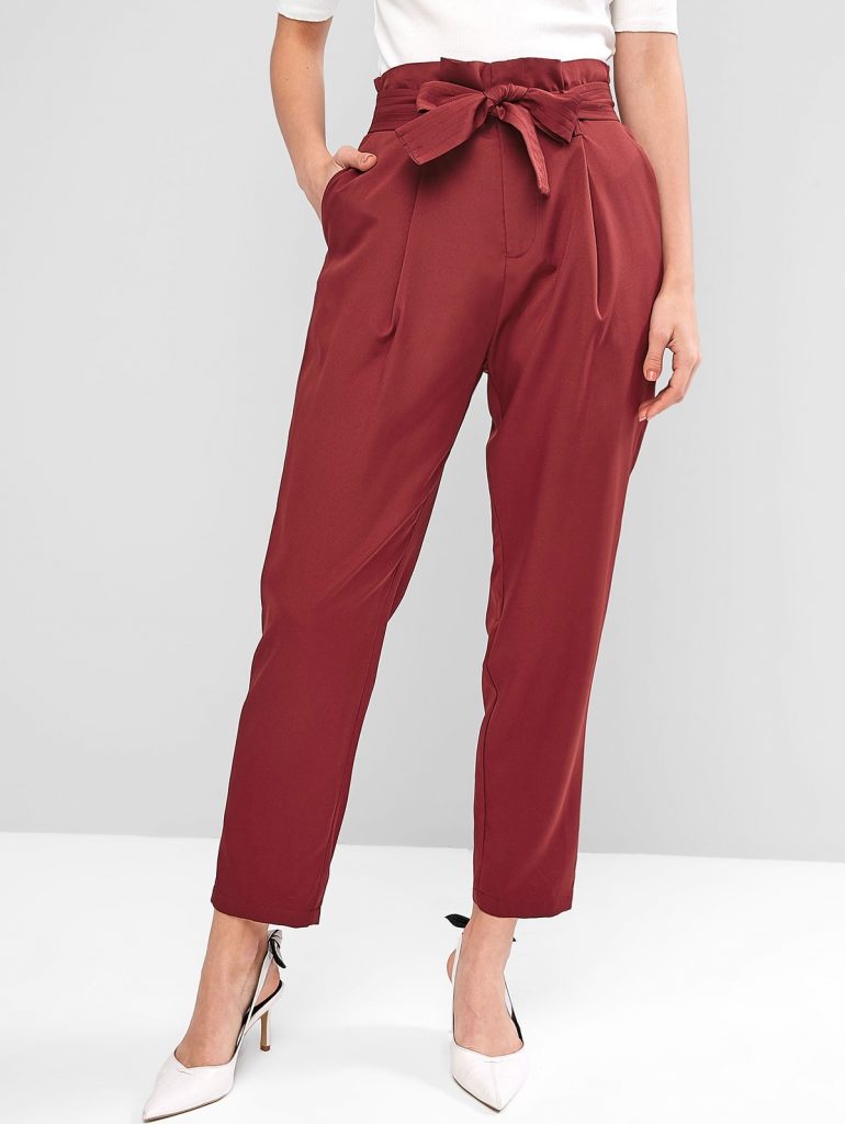 ZAFUL Pleated-detail Paperbag Pants - Red Wine M