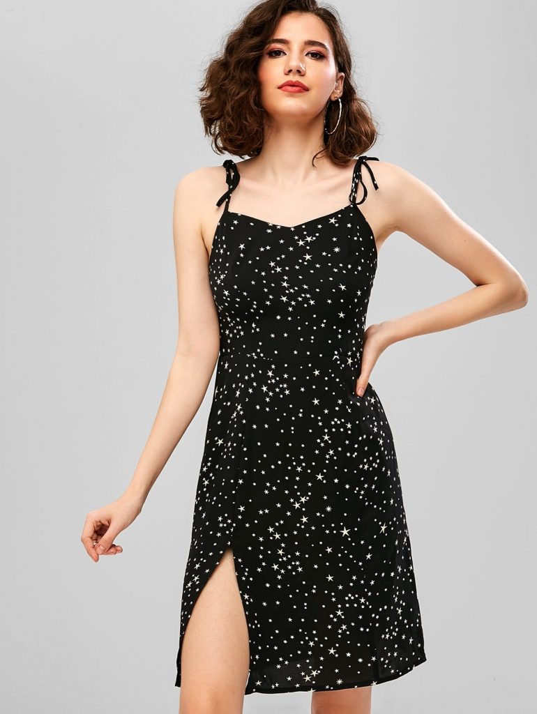 ZAFUL Slit Tie Shoulder Cami Star Print Dress - Black S