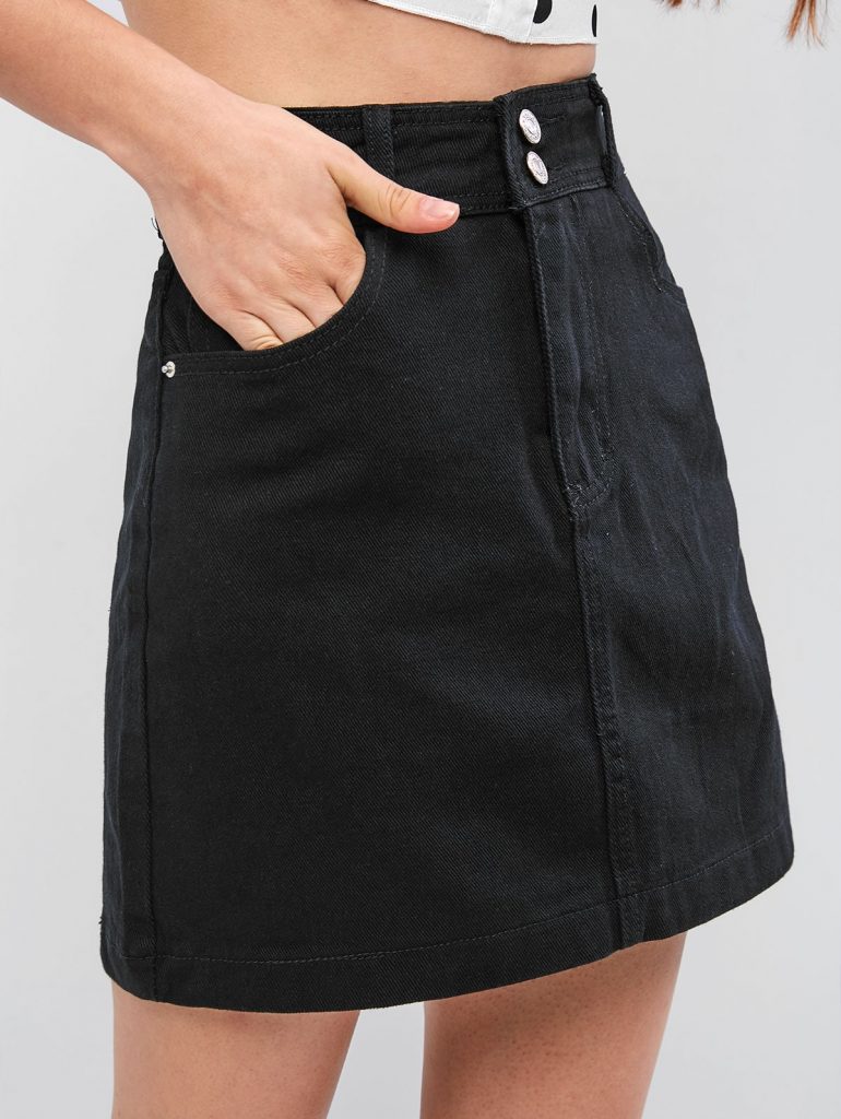 Zip Fly High Waisted Mini Denim Skirt - Black L
