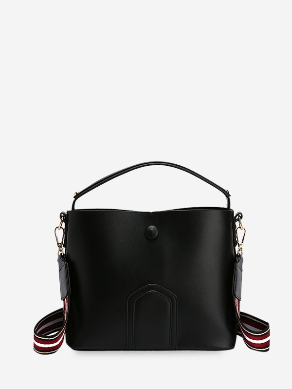 Leather Simple Solid Shoulder Bucket Bag - Black